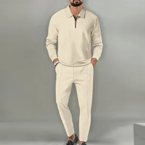 Men's waffle knit long sleeve polo shirt and trousers casual two-piece tracksuit set.