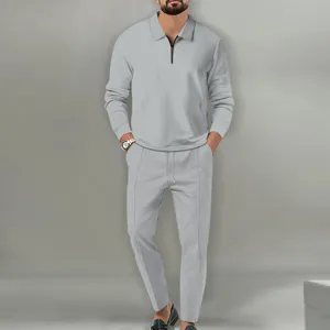 Men's Waffle Knit Long Sleeve Polo Shirt and Casual Pants Two Piece Tracksuit Grey