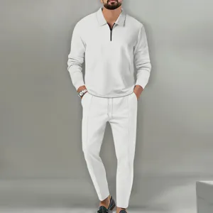 Men's Waffle Knit Polo Zipper Shirt And Long Pants Set Casual Long Sleeve Activewear Top And Bottom Two Piece Suit