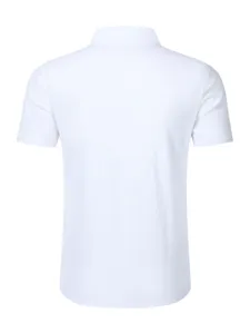Men's solid white short sleeve casual shirt back view detail, breathable summer wear.