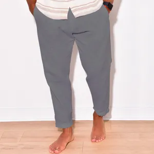 Men casual cotton linen trousers grey summer slim fit breathable long pants detail closeup