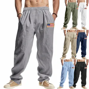 Men's Linen Casual Pants American Flag Patch Wide Leg Trousers Hip Hop Loose Drawstring Breathable Fashion Male Bottoms