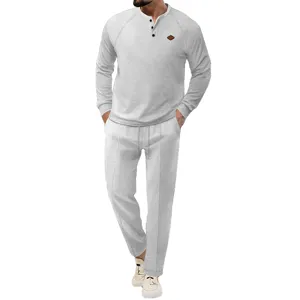 Ανδρικό Casual Μονόχρωμο Waffle Knit Henley Μακρυμάνικο Πουκάμισο και Παντελόνι Σετ