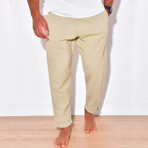 Men's casual linen cotton trousers summer beach lightweight breathable khaki pants for men.