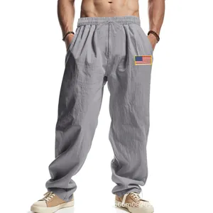 Men's casual linen loose fit trousers streetwear American flag patch grey long pants