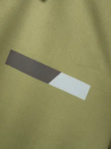 Close-up of men's casual polo shirt fabric, showing olive green texture and detail.