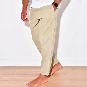Men casual linen trousers detail view, breathable summer cotton blend pants with pockets.