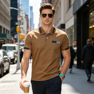 Men's casual polo shirt detail view, featuring contrast collar and chest pocket design.
