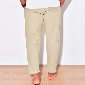 Detailed view of men casual linen trousers in khaki, ideal for summer daily wear and comfort.