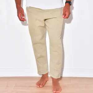 Men's casual linen blend trousers in khaki, featuring a relaxed fit and rolled cuffs.