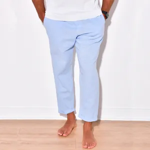 Men casual light blue linen trousers, breathable summer straight fit pants, rolled hem detail.