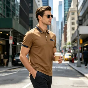 Men's casual polo shirt lapel button business t-shirt with fake chest pocket detail
