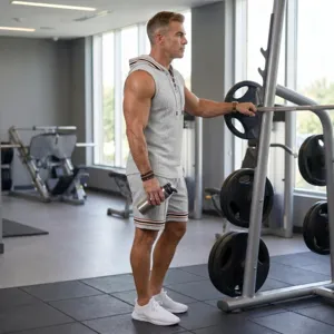 Detailed shot of grey sleeveless hooded sportswear with jacquard texture in modern gym setting.