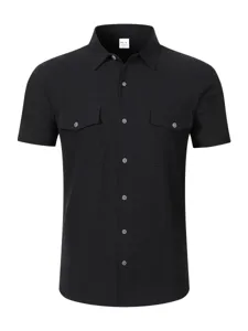 Camisa casual de manga corta para hombre con bolsillos en el pecho top negro de verano