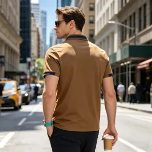 Men casual short sleeve polo shirt detail in brown with contrast blue collar and cuffs.