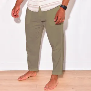 Mens casual cotton linen trousers summer breathable loose fit solid color comfortable pants