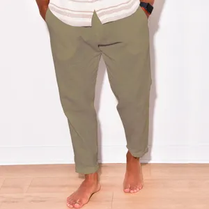 Men casual linen trousers summer multi-pocket loose fit long pants breathable green