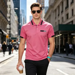 Men's Business Casual Polo Shirt Short Sleeve Lapel Button Top With Faux Pocket Patchwork Design Polyester T-Shirt For Men
