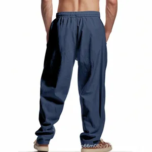 Men's casual loose linen wide leg trousers in dark blue, comfortable four-season streetwear style.