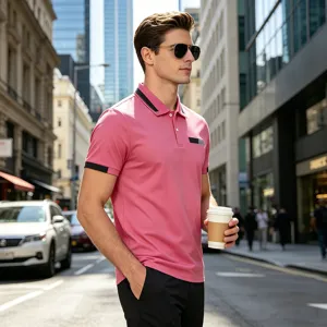 Men's casual polo shirt detail view, featuring contrast collar and chest pocket design.