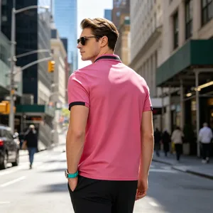 Men's pink casual short sleeve polo shirt with black contrast collar and cuffs for summer style.