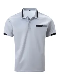 Detail view of mens light grey short sleeve polo shirt with contrast collar and chest accent.