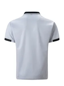 Back view detail of mens light blue short sleeve polo shirt with black contrast collar and cuffs.
