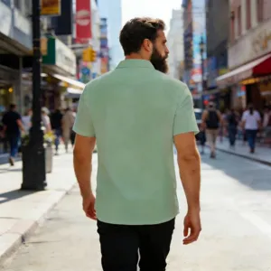 Detail view of men's casual linen short sleeve shirt in light green, breathable and loose fit.