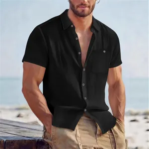Men casual solid color short sleeve linen shirt detail view showcasing breathable fabric.
