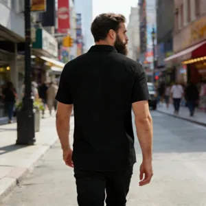 Men's solid color black linen short sleeve shirt detail, casual lapel breathable summer top