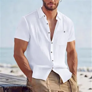 Detailed shot of a white casual short sleeve linen shirt for men featuring a classic lapel design.