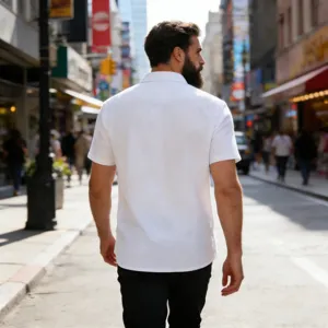 Men's casual solid color linen short sleeve shirt, breathable lapel top for spring summer daily.