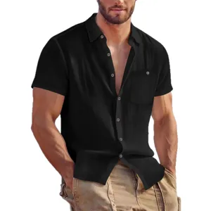Men's solid color linen short sleeve button down casual lapel loose breathable shirt top