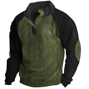 Men's contrast corduroy raglan sleeve stand collar half-button detail jacket close-up