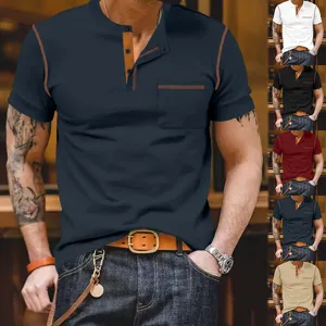 Men's Casual Short Sleeve Henley Shirt Color Block Contrast Stitching Summer Slim Fit Tee Top