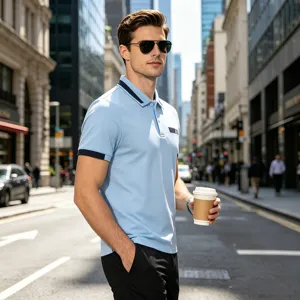 Detail shot of men's light blue casual polo shirt with contrast collar and urban street background