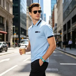 Men's casual short sleeve polo shirt with contrast collar and chest pocket detail.