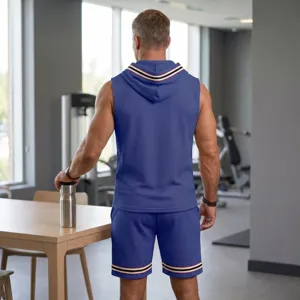 Blue waffle knit sleeveless hooded sweatshirt and athletic shorts set for men summer style.