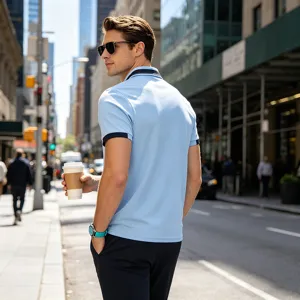Men casual short sleeve polo shirt light blue summer business daily wear comfortable top