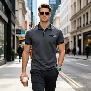 Detailed view of men's casual short sleeve polo shirt in dark grey with stylish contrast collar.