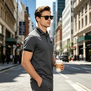 Men casual polo shirt detail view, grey short sleeve lapel button top in city street.