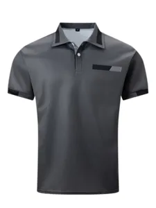 Detail view of mens casual short sleeve polo shirt with color block collar and buttons.
