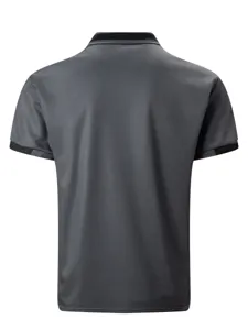 Men's casual polo shirt detail view, dark grey short sleeve lapel business top back.