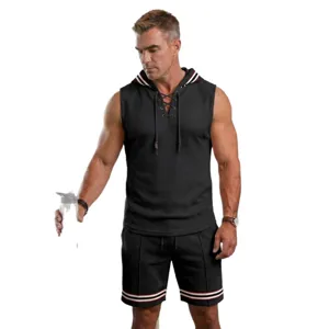 Men casual sleeveless hoodie and shorts set waffle knit sportswear summer workout outfit