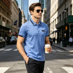 Men's casual blue polo shirt detail, lapel collar, button front, fake chest pocket design.