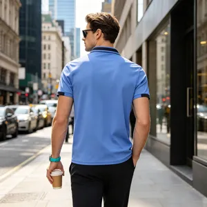 Men's casual polo shirt short sleeve light blue with contrast collar detail for summer.