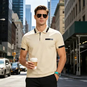 Men's casual short sleeve polo shirt with contrast trim lapel business top wear new.