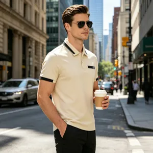 Detailed outdoor lifestyle scene showcasing the stylish beige mens polo shirt on model in city.