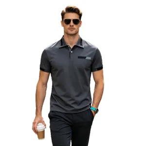 Men's casual short sleeve polo shirt business lapel summer tee top in stylish grey color