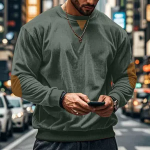Men's casual long sleeve corduroy sweatshirt with contrast elbow patches and comfortable crew neck.